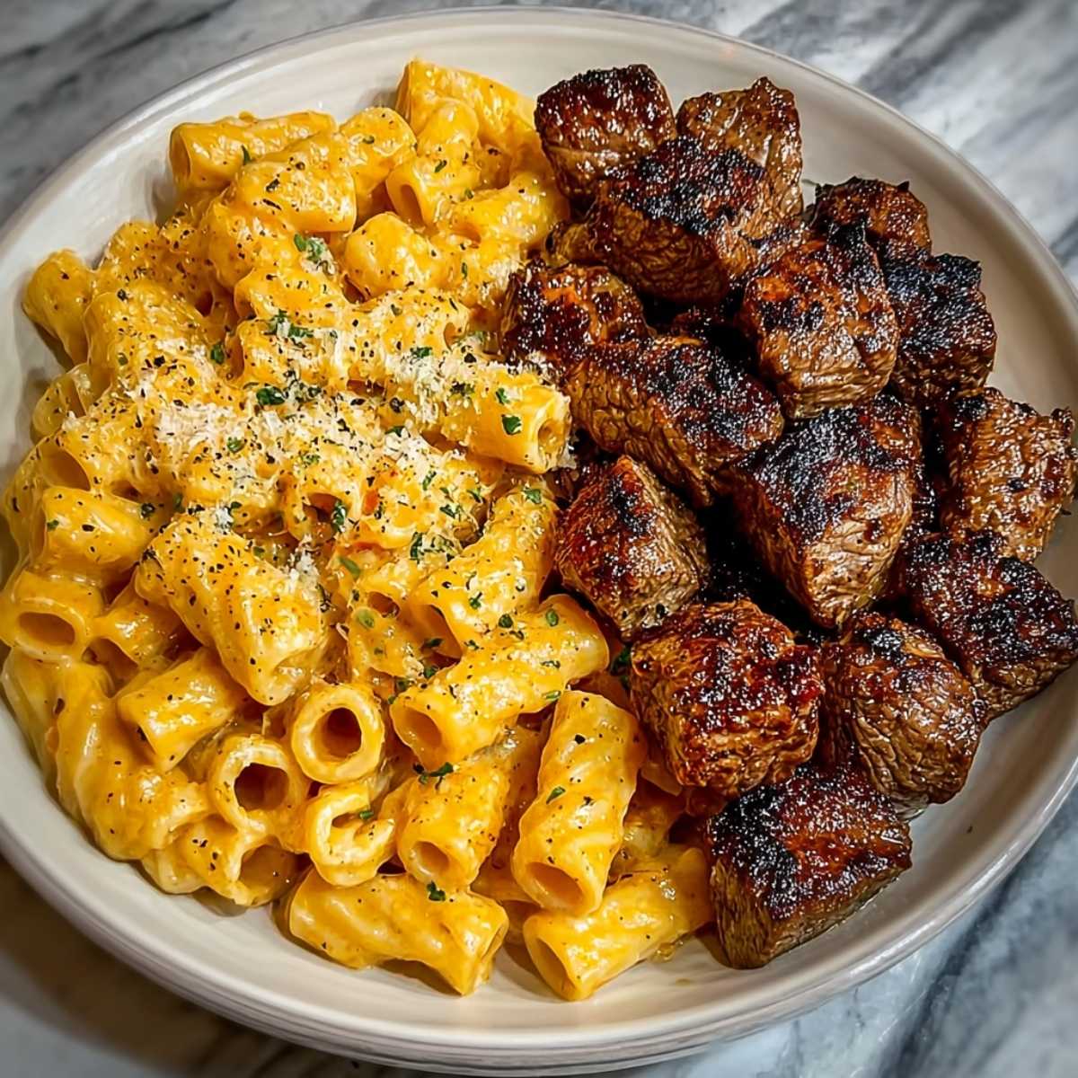 Easy Cajun Steak Tips in Cheesy Rigatoni Parmesan Sauce 11 Final Cajun steak tips in cheesy rigatoni Parmesan sauce showing creamy golden pasta, seared steak cubes, grated cheese, and herbs.