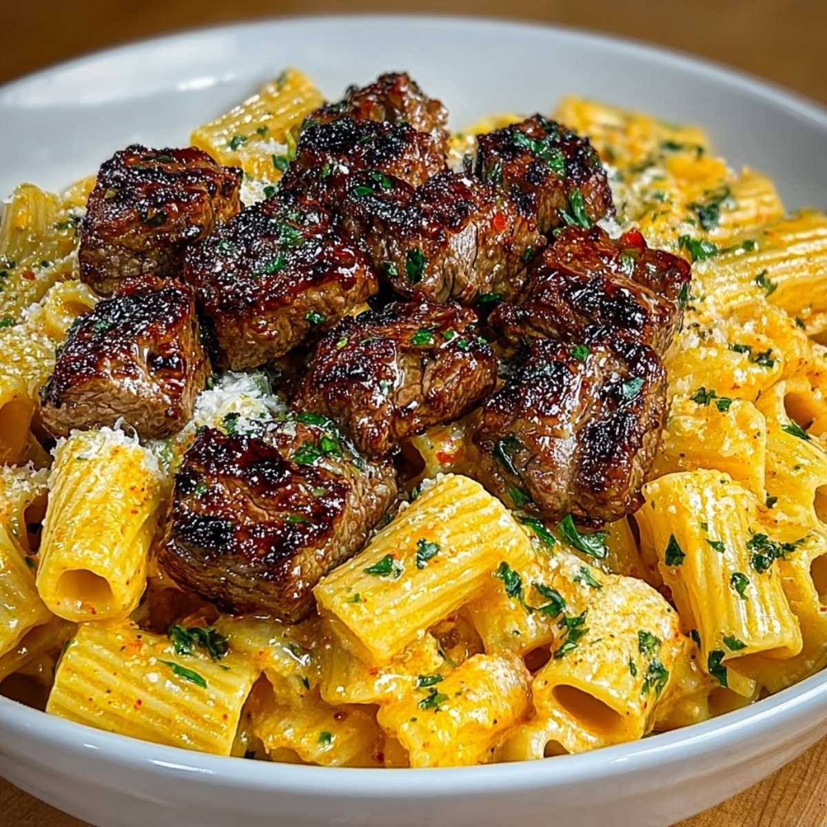 Easy Cajun Steak Tips in Cheesy Rigatoni Parmesan Sauce 9 Cajun steak tips in cheesy rigatoni Parmesan sauce with seared beef cubes, creamy pasta, parsley garnish, and grated cheese.