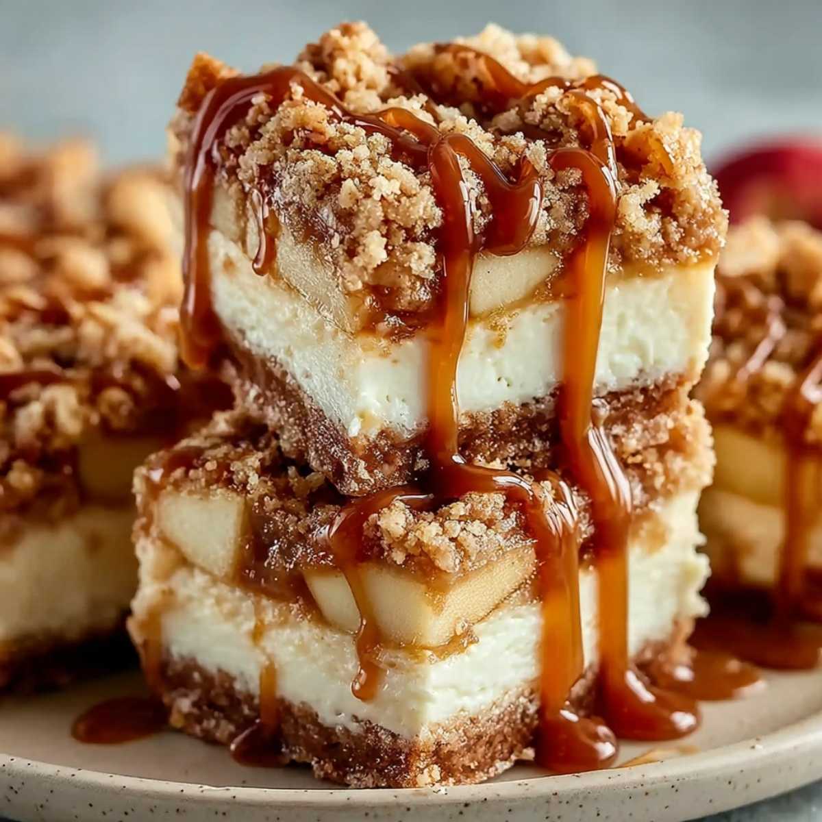 Close-up of caramel apple cheesecake bars showing creamy cheesecake layers, tender apples, streusel topping, and glossy caramel drizzle.