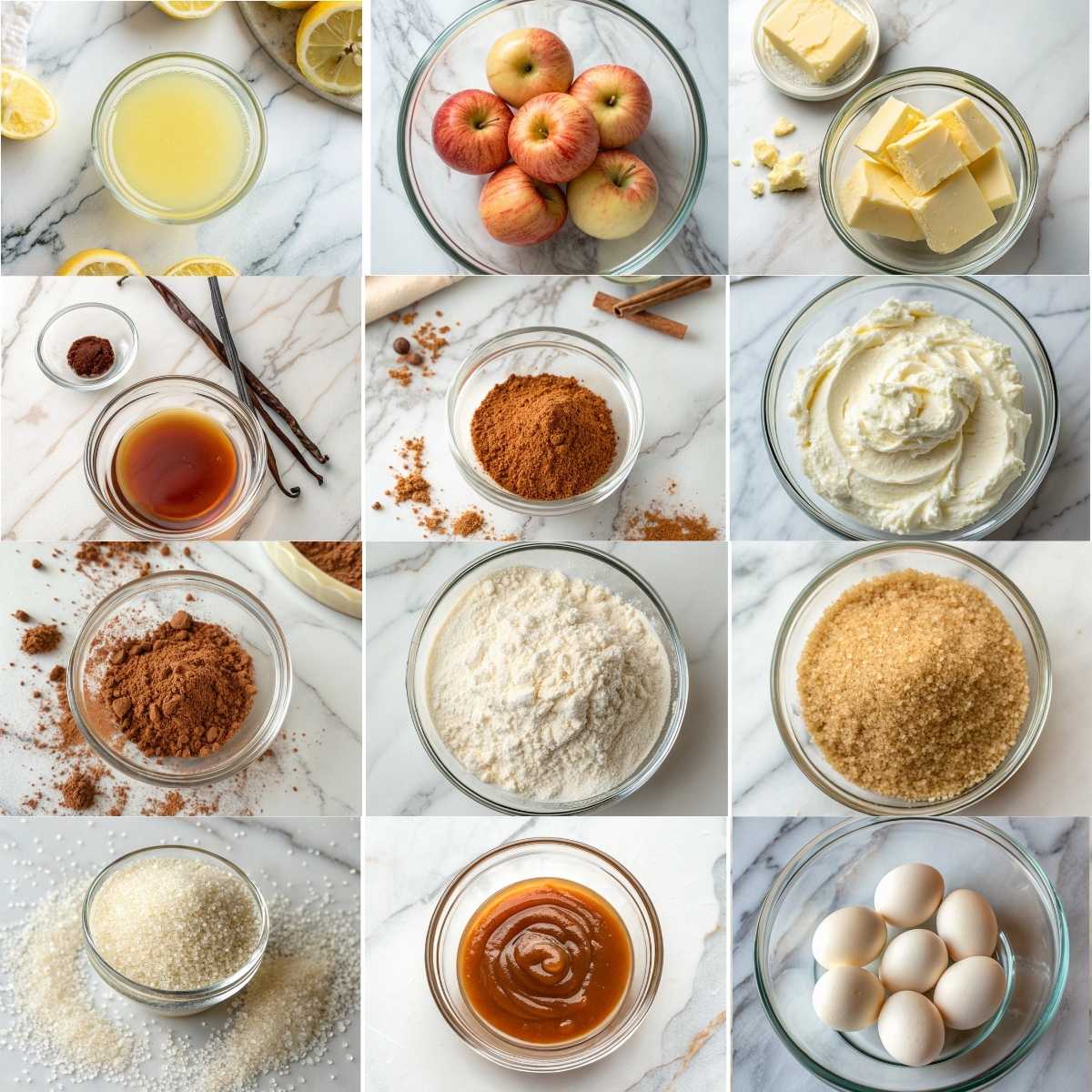 Easy Caramel Apple Cheesecake Bars 10 Ingredients for caramel apple cheesecake bars including apples, cream cheese, eggs, flour, cinnamon, butter, and caramel sauce.