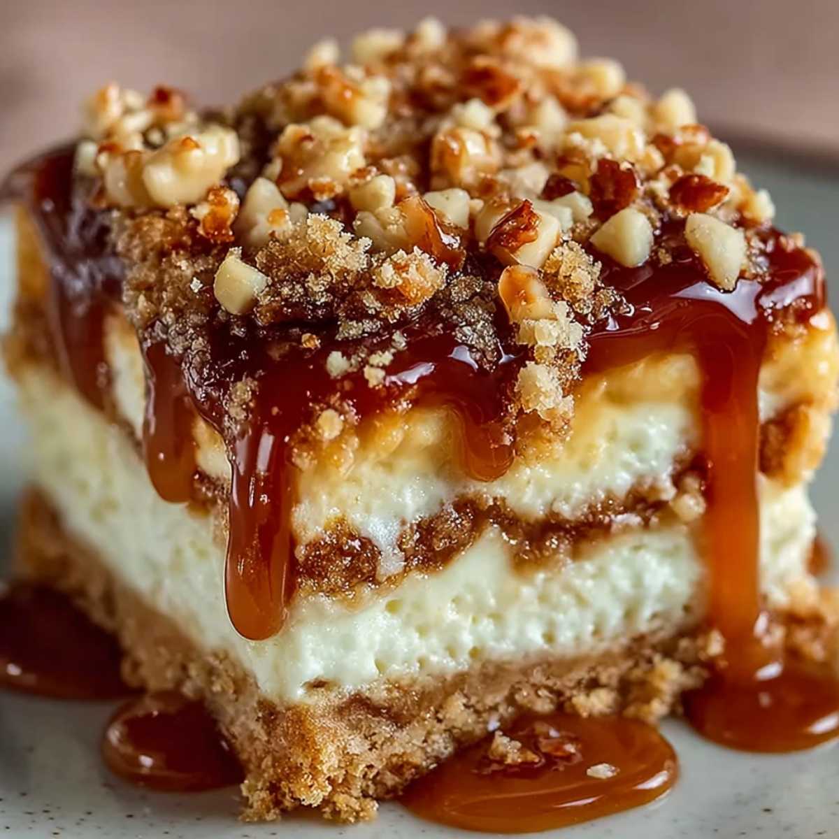 Caramel apple cheesecake bars on a plate with creamy cheesecake layers, crumb topping, chopped nuts, and caramel drizzle.