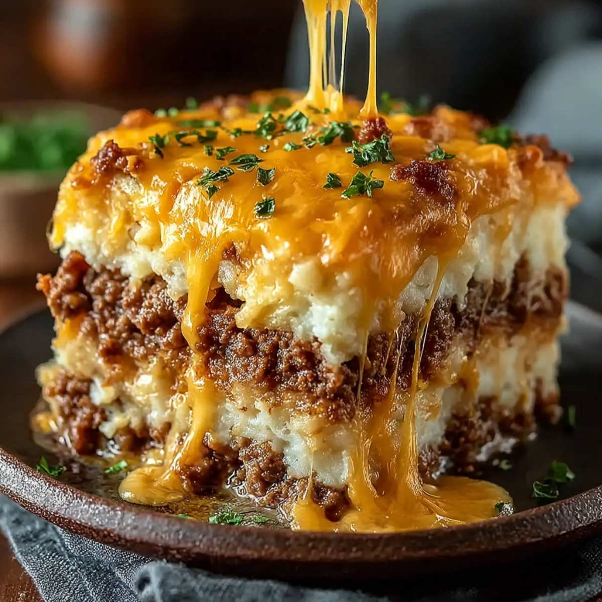 Cattle Drive Casserole with cheesy layers on a rustic plate, showing seasoned ground beef, fluffy biscuit base, and melted cheddar cheese.
