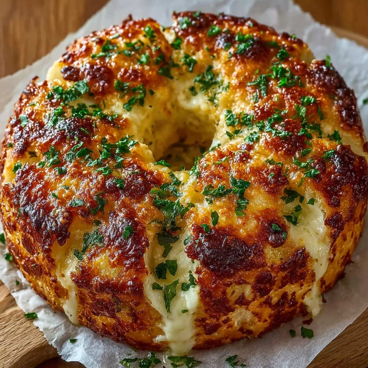 Chicken Alfredo Monkey Bread on parchment paper, showing golden cheesy pull-apart layers with melted mozzarella, Alfredo sauce, and fresh parsley.