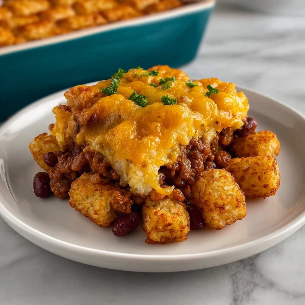 Chili cheese tater tot casserole on a white plate, showcasing crispy golden tater tots, rich chili with beans, and melted cheddar cheese.