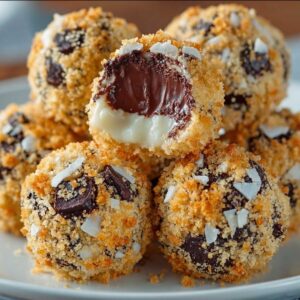 Easy Chocolate Moose Farts 12 Chocolate Moose Farts stacked on a plate showing coconut coating, chocolate chips, and creamy condensed milk center