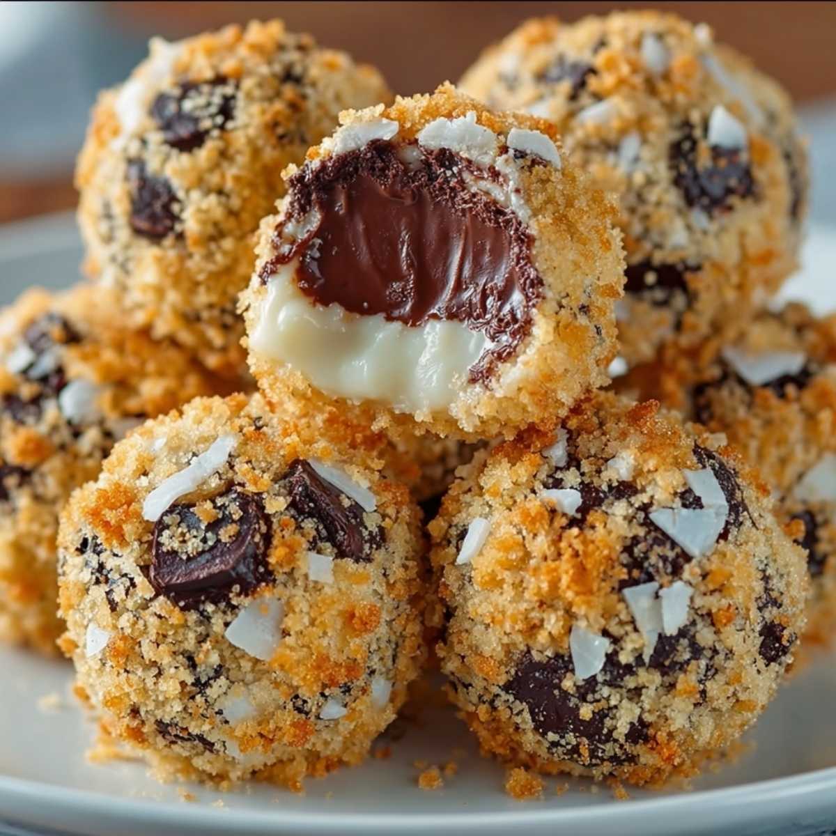 Chocolate Moose Farts stacked on a plate showing coconut coating, chocolate chips, and creamy condensed milk center