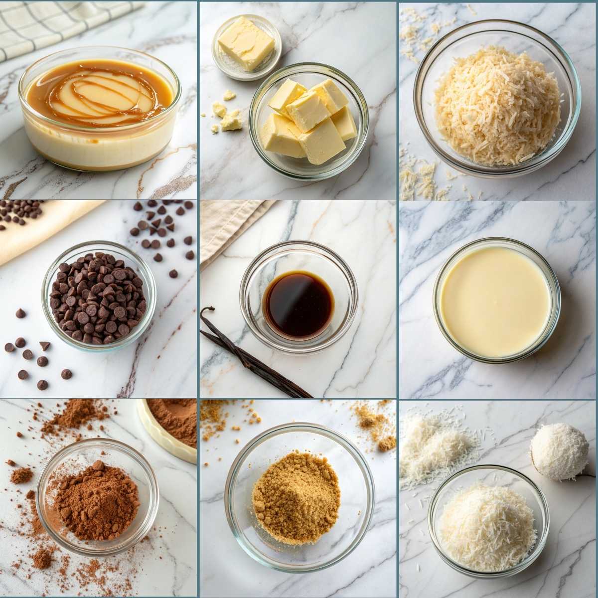 Easy Chocolate Moose Farts 10 Ingredients for Chocolate Moose Farts including sweetened condensed milk, butter, coconut, graham crumbs, chocolate chips, and cocoa powder