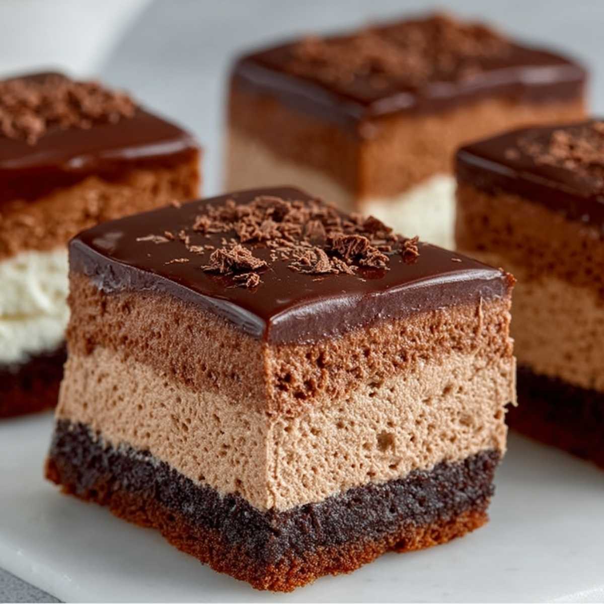 Close-up of chocolate mousse brownies showing airy mousse texture, creamy center layer, and rich fudgy base with ganache topping.