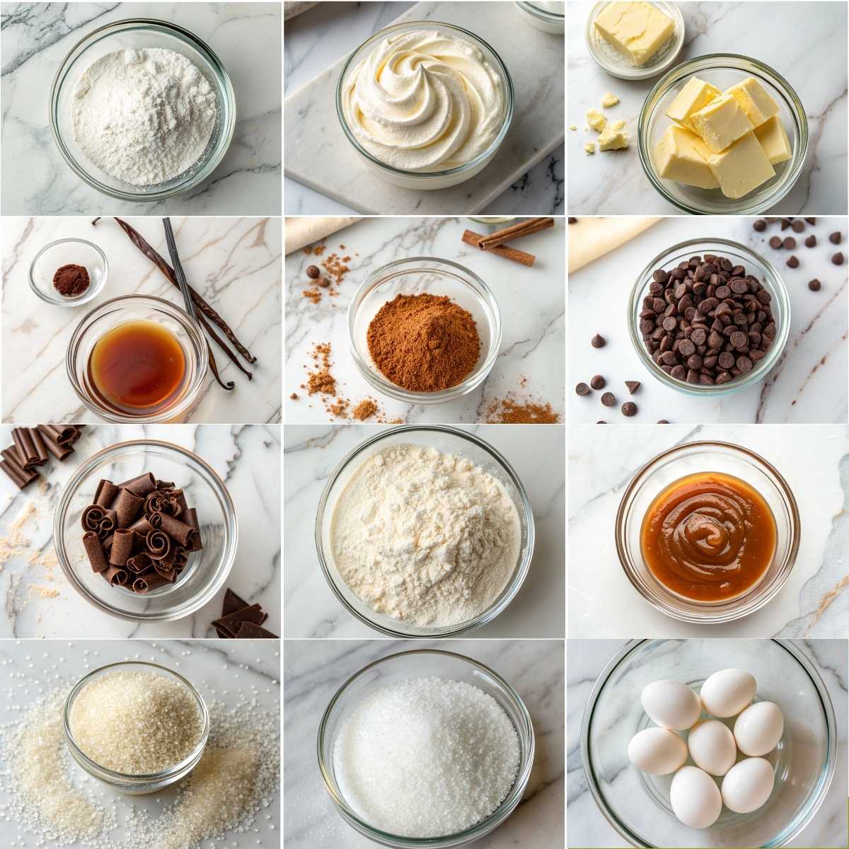 Easy Chocolate Mousse Brownies 10 Ingredients for chocolate mousse brownies including butter, eggs, sugar, cocoa powder, flour, cream, and chocolate on marble.