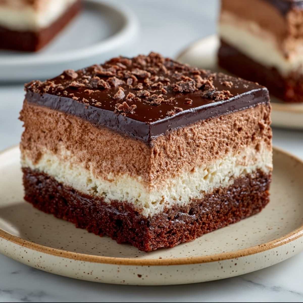 Chocolate mousse brownies on a ceramic plate showing thick fudgy brownie base, creamy mousse center, and smooth ganache topping.