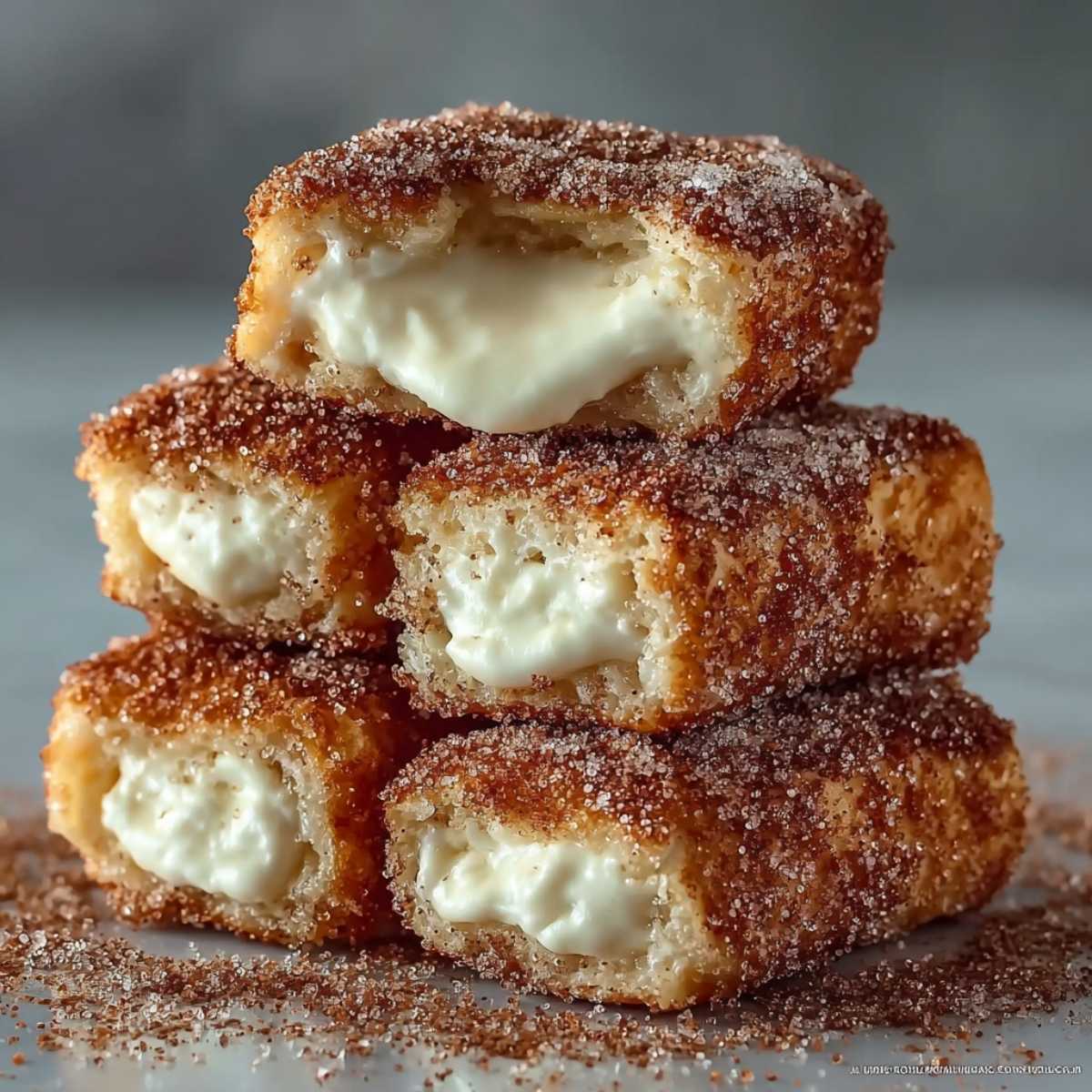 Close-up of churro stuffed cheesecake bites showing gooey cream cheese filling and crisp cinnamon sugar coating on a grey surface.