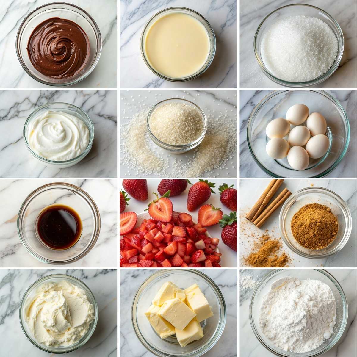 Easy Churro Stuffed Cheesecake Bites 10 Ingredients for churro stuffed cheesecake bites including cream cheese, eggs, cinnamon, butter, sugar, crescent dough, and strawberries.