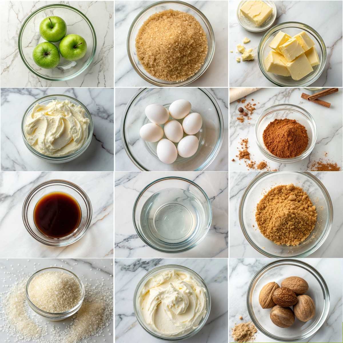 Easy Salted Caramel Apple Pie Cheesecake 10 Fresh ingredients for cinnamon apple cheesecake including graham crumbs, apples, cream cheese, eggs, cinnamon, butter, and sugar.