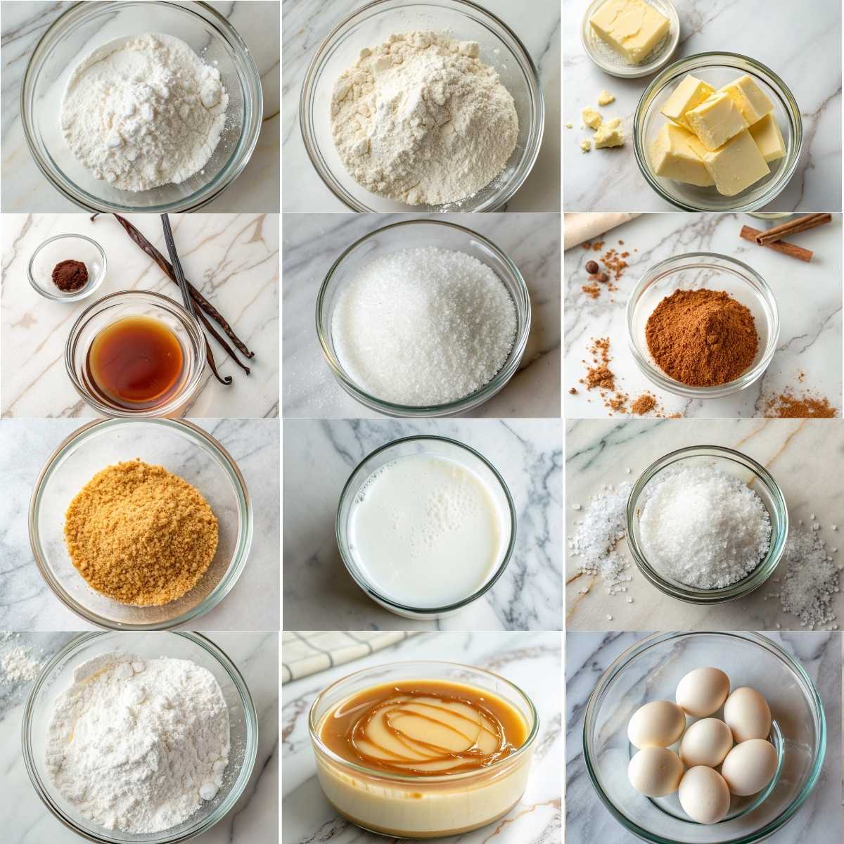 Easy Cinnamon Roll Cake 10 Fresh ingredients for Cinnamon Roll Cake including flour, brown sugar, butter, cinnamon, milk, eggs, and vanilla on marble.