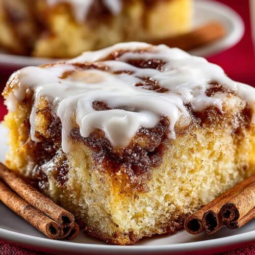 Easy Cinnamon Roll Cake 6 Cinnamon Roll Cake on a white plate with creamy vanilla glaze and dark cinnamon swirl, served with cinnamon sticks on a red cloth.