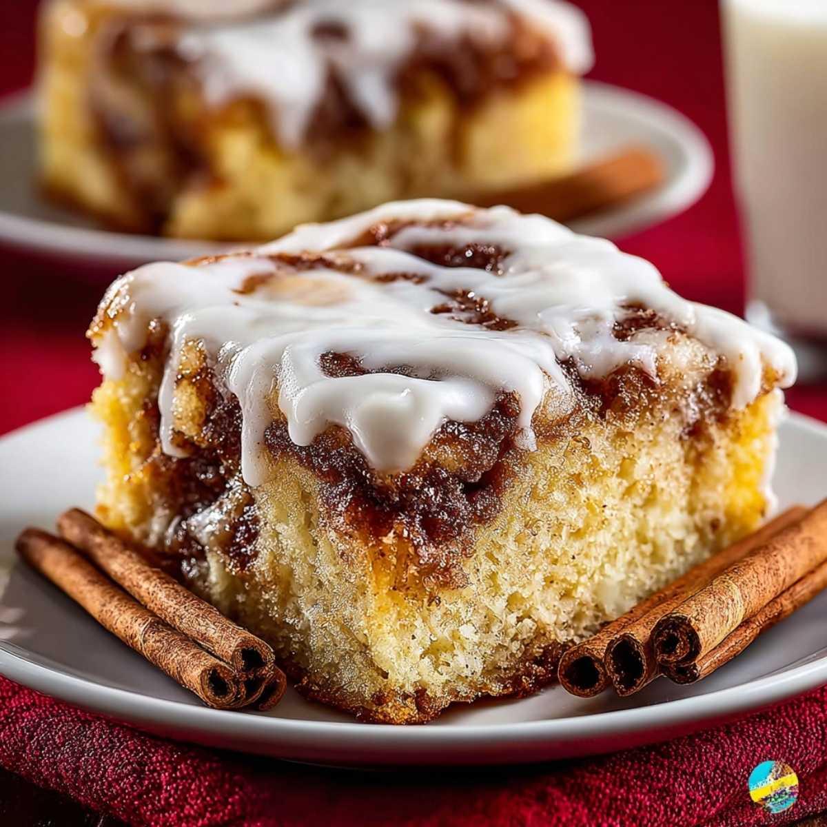 Cinnamon Roll Cake on a white plate with creamy vanilla glaze and dark cinnamon swirl, served with cinnamon sticks on a red cloth.