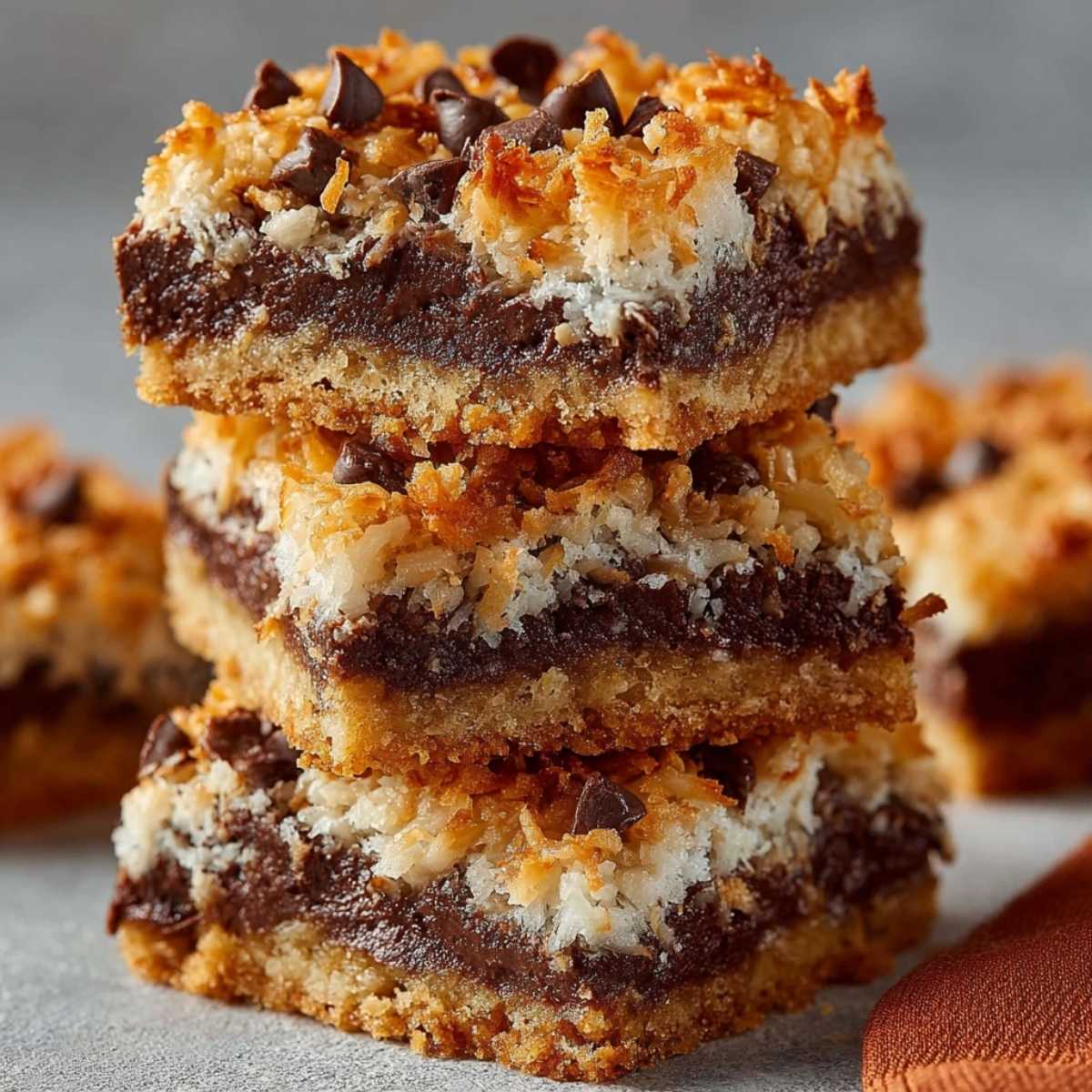 Close-up of Classic Magic Bars showing gooey chocolate layers, toasted coconut topping, and golden graham cracker crust on stone surface.