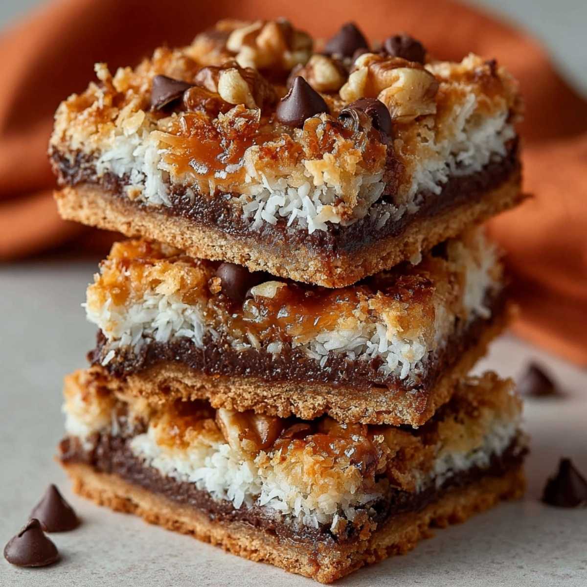 Classic Magic Bars stacked on a plate, showing gooey condensed milk layers with chocolate chips, coconut, and walnuts.