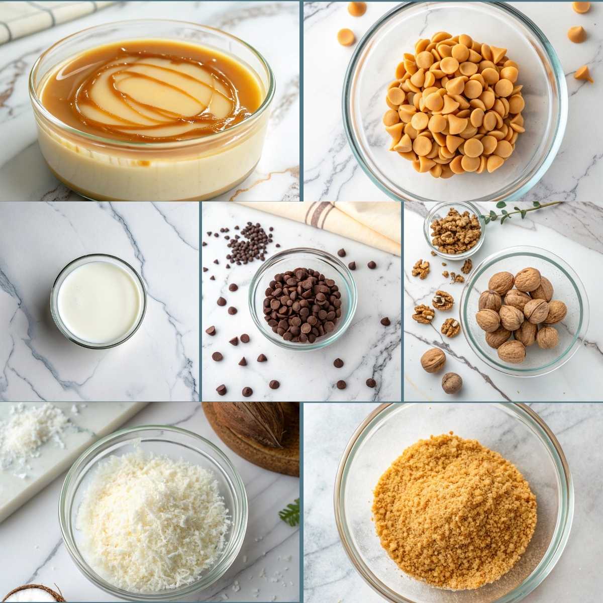 Classic Magic Bars 10 Fresh ingredients for Classic Magic Bars including sweetened condensed milk, butterscotch chips, coconut, chocolate chips, and walnuts.