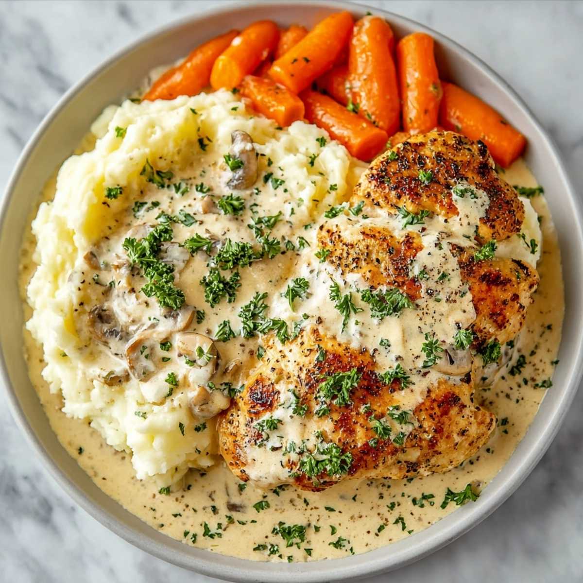 Cream cheese chicken served over mashed potatoes with creamy sauce, pan-seared chicken breasts, mushrooms, and parsley garnish.