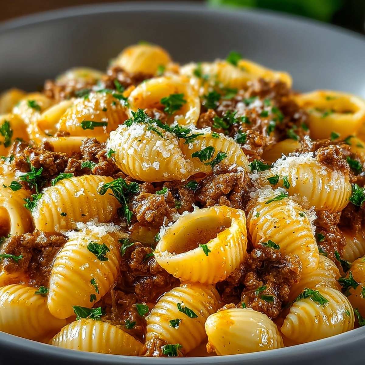 Creamy Beef and Shells in a deep bowl, showcasing tender pasta shells coated in rich beef sauce with parsley and grated cheese.