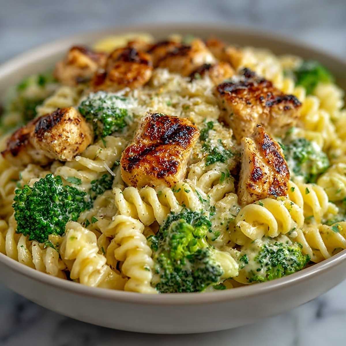 Creamy Rotisserie Chicken Broccoli Pasta 9 Creamy rotisserie chicken broccoli pasta in a white bowl, featuring rotini pasta, tender chicken pieces, fresh broccoli, and Alfredo sauce.