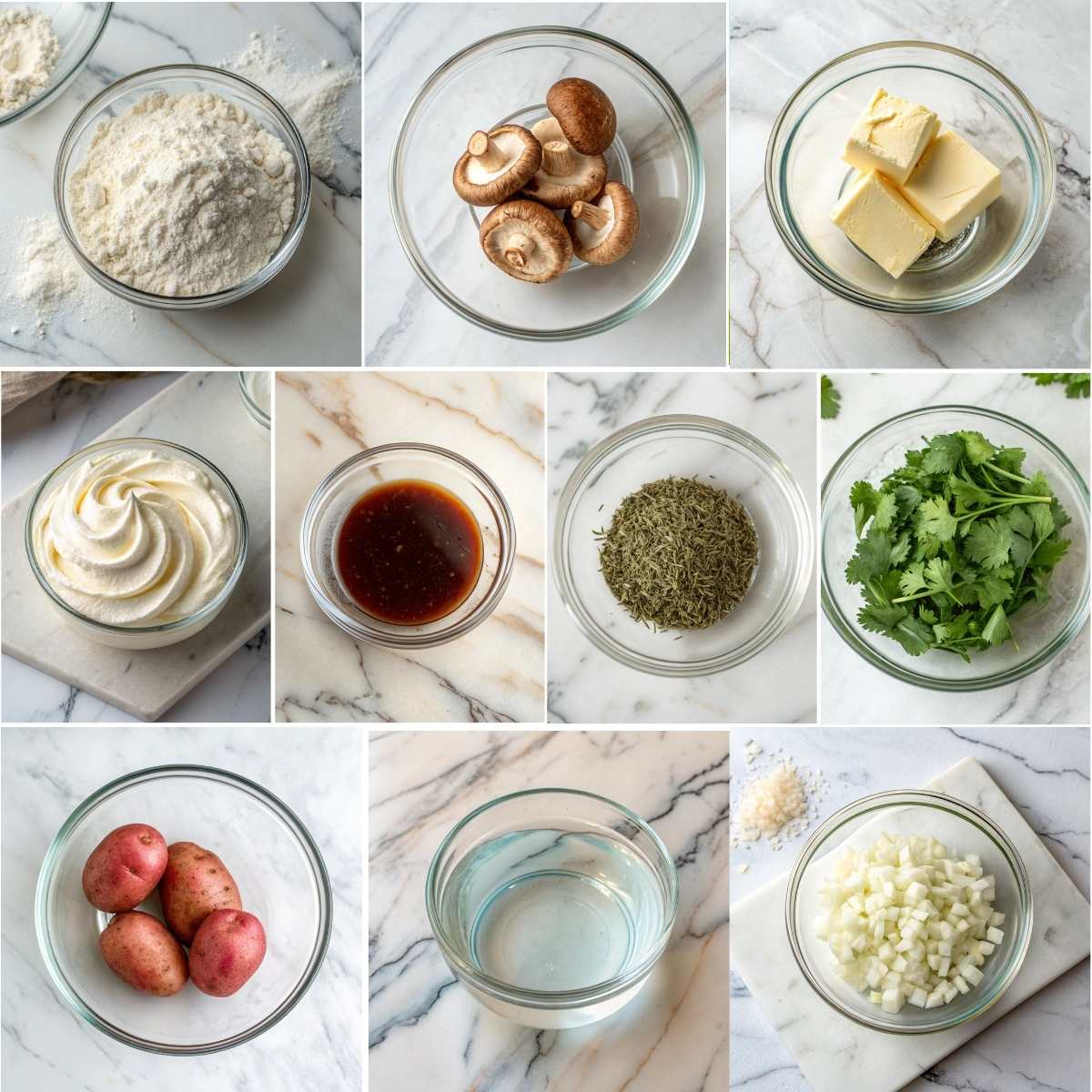 Easy Amish Hamburger Steak Bake 11 Gravy ingredients for Easy Amish Hamburger Steak Bake with mushrooms, onion, butter, cream, broth, thyme, and potatoes raw!