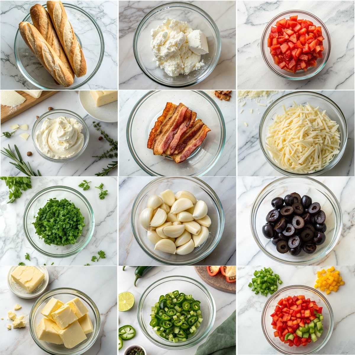 Easy Baked Stuffed Baguettes 10 Ingredients for baked stuffed baguettes including cheeses, bacon, jalapeños, garlic, olives, peppers, and fresh herbs in glass bowls.