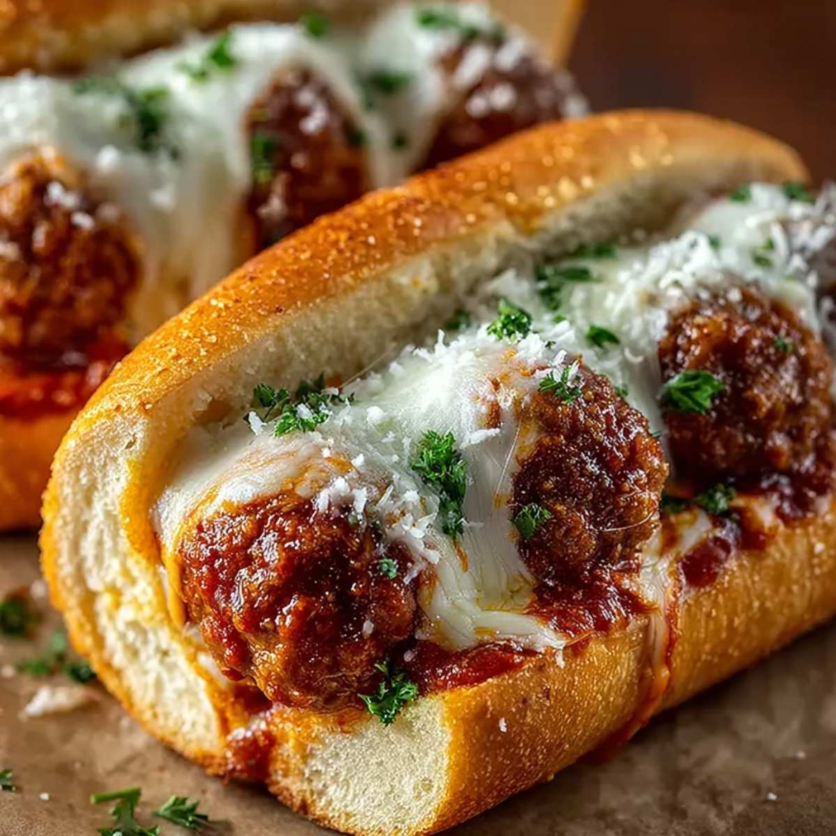 Easy Cheesy Meatballs in a toasted hoagie roll with gooey melted mozzarella, rich marinara sauce, and fresh parsley garnish.