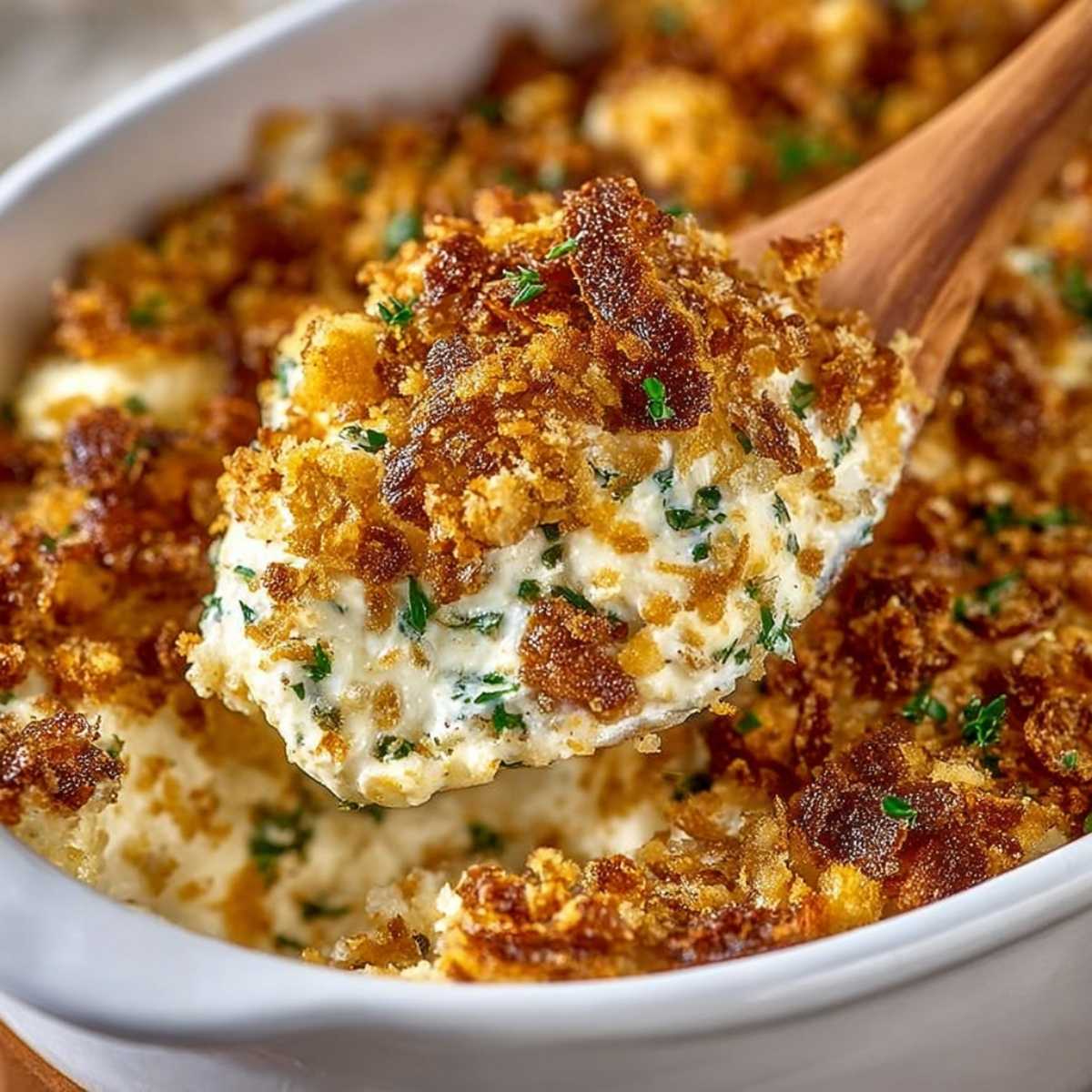 Chicken casserole in a white baking dish with a golden buttery cracker topping, creamy filling visible underneath on a rustic table.