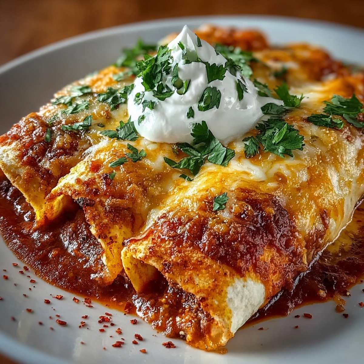 Easy Chicken Enchiladas 9 Easy Chicken Enchiladas topped with melted cheese and sour cream, baked in red enchilada sauce on a white plate.