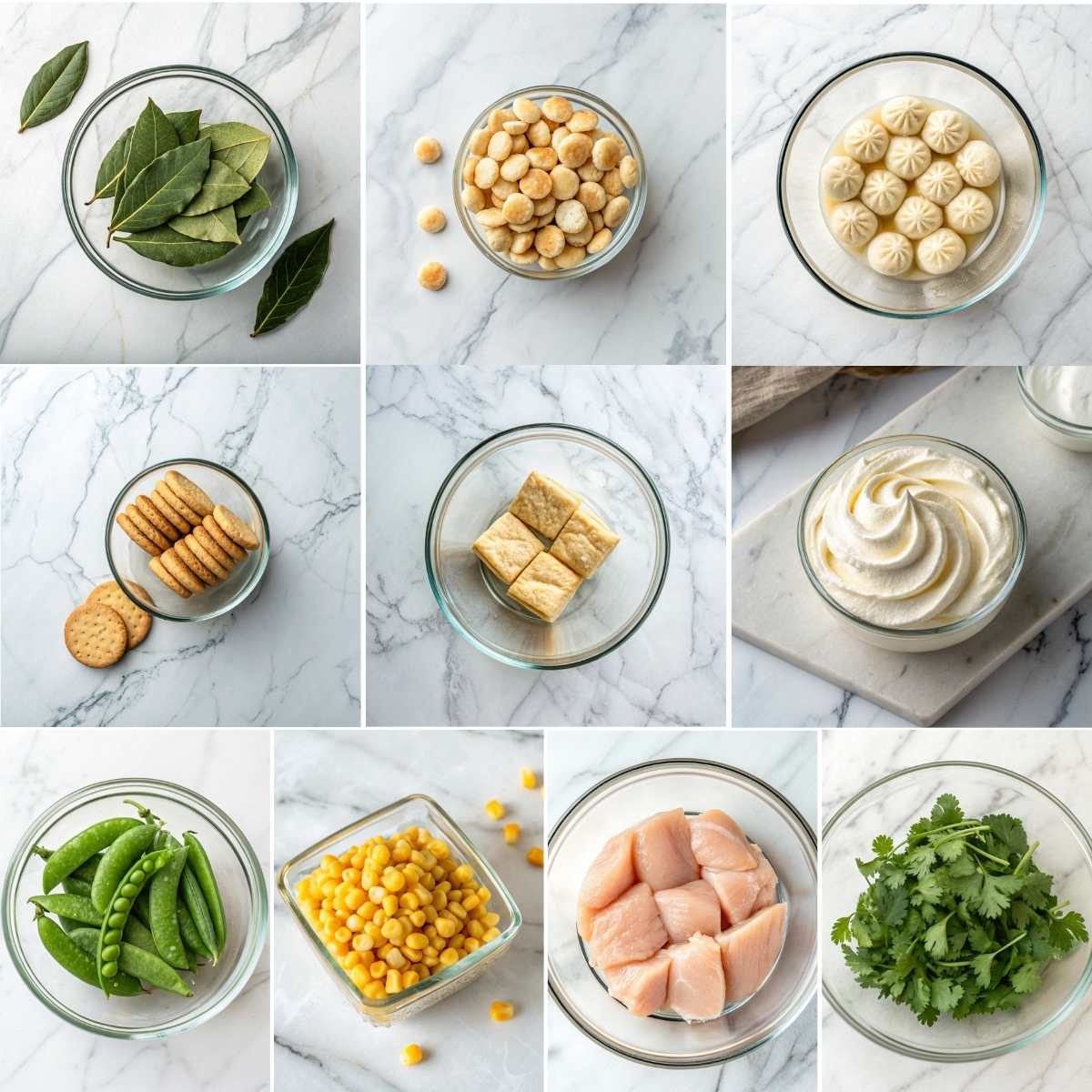 Easy Chicken Pot Pie Soup 11 Chicken pot pie soup ingredients with cooked chicken peas corn cream herbs and pastry toppings arranged on marble surface x