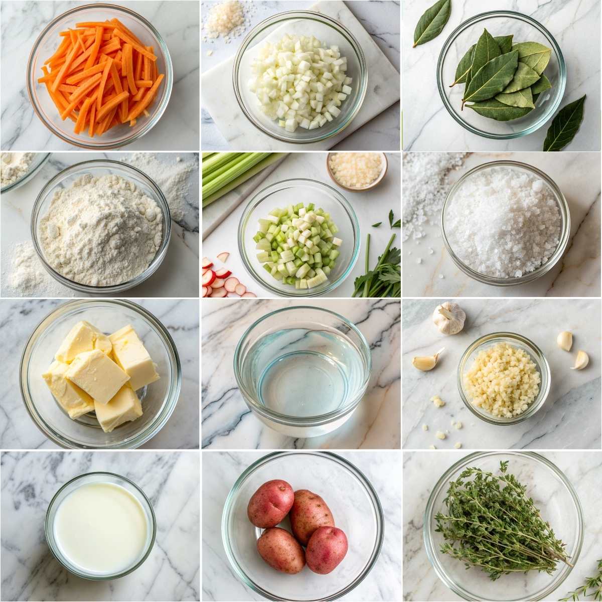 Easy Chicken Pot Pie Soup 10 Ingredients for Easy Chicken Pot Pie Soup including carrots, onion, celery, potatoes, butter, milk, broth, herbs and spices