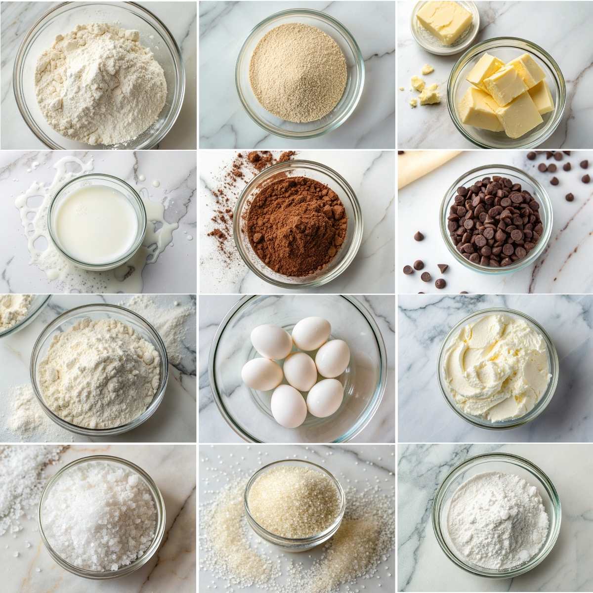 Easy Chocolate Rolls 10 Ingredients for Easy Chocolate Rolls including flour, yeast, cocoa powder, milk, butter, eggs, sugar, chocolate chips, cream cheese, and powdered sugar.