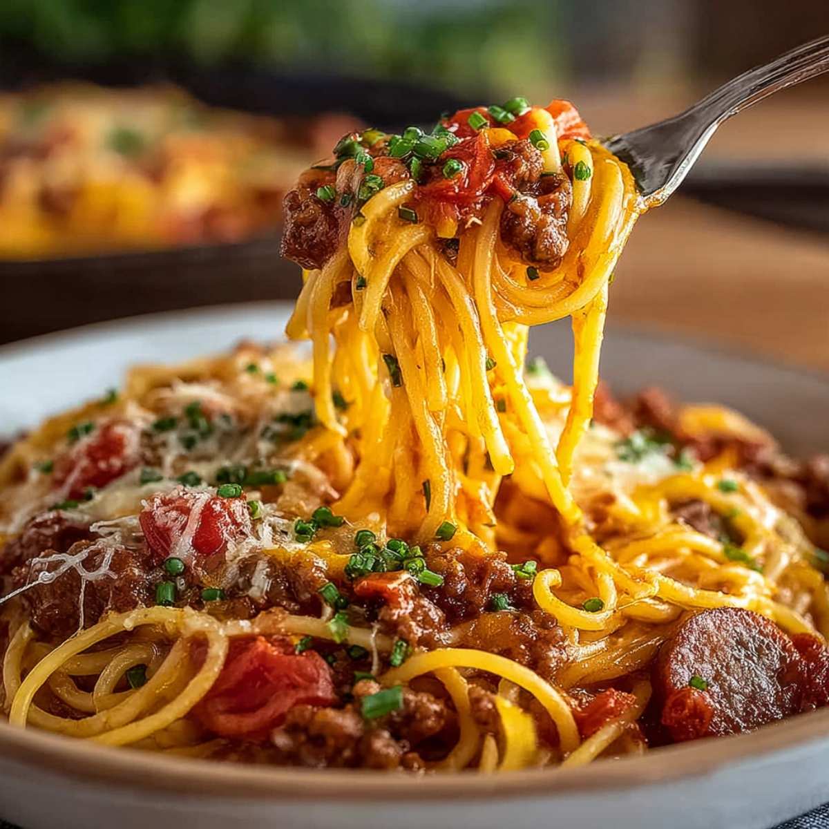 Easy Cowboy Spaghetti cooked in one pot with ground beef, bacon, tomato sauce, melted cheddar cheese, and green onions.