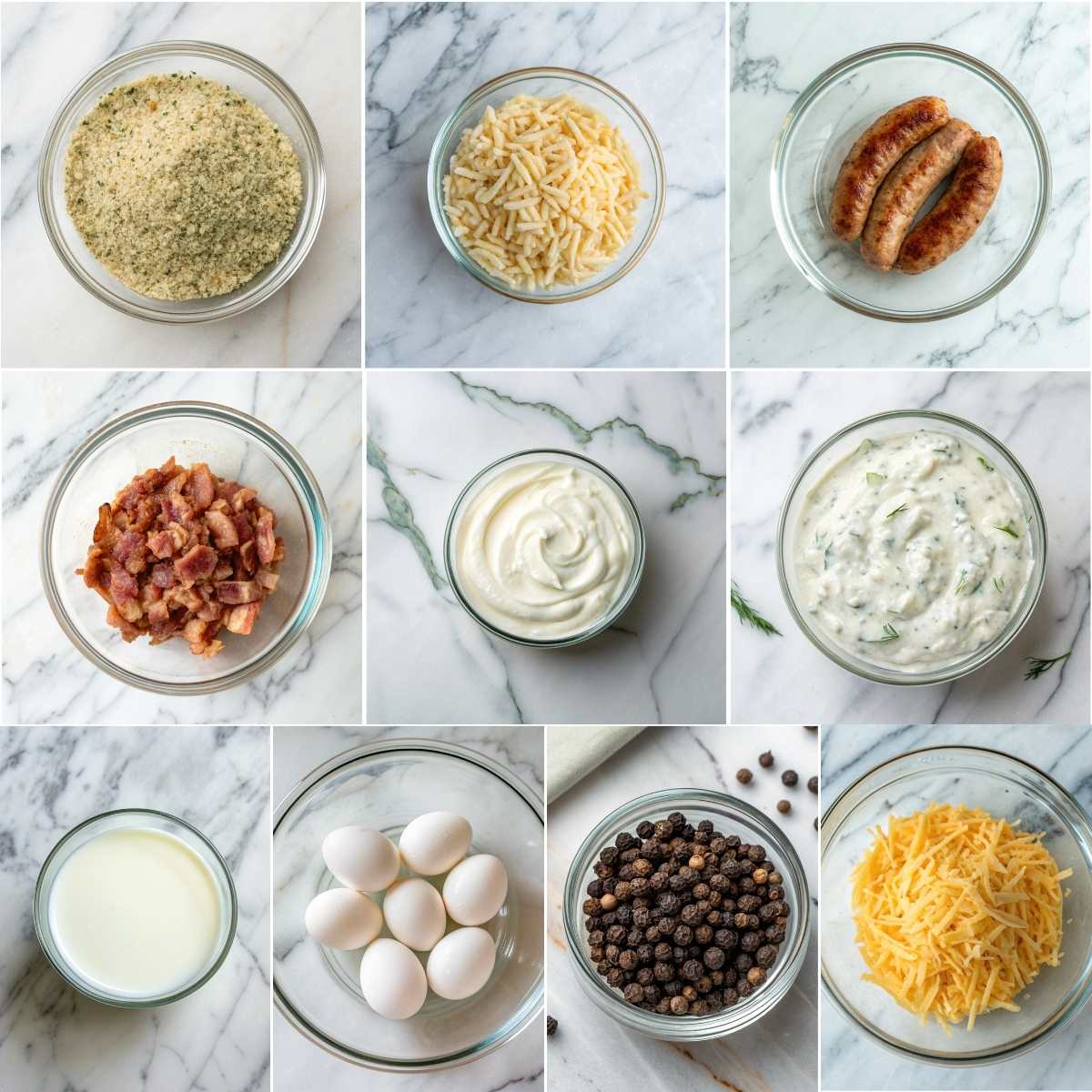 Easy Crack Breakfast Casserole 10 Ingredients for an Easy Crack Breakfast Casserole including hash browns, sausage, bacon, cheeses, eggs, sour cream, milk, ranch mix, and pepper.