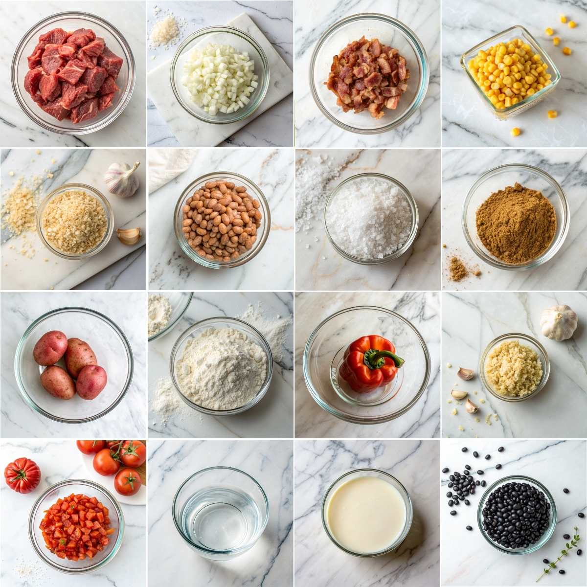 Easy Creamy Cowboy Soup 10 Creamy cowboy soup ingredients with ground beef bacon potatoes beans corn tomatoes spices broth milk flour hearty dinner ho