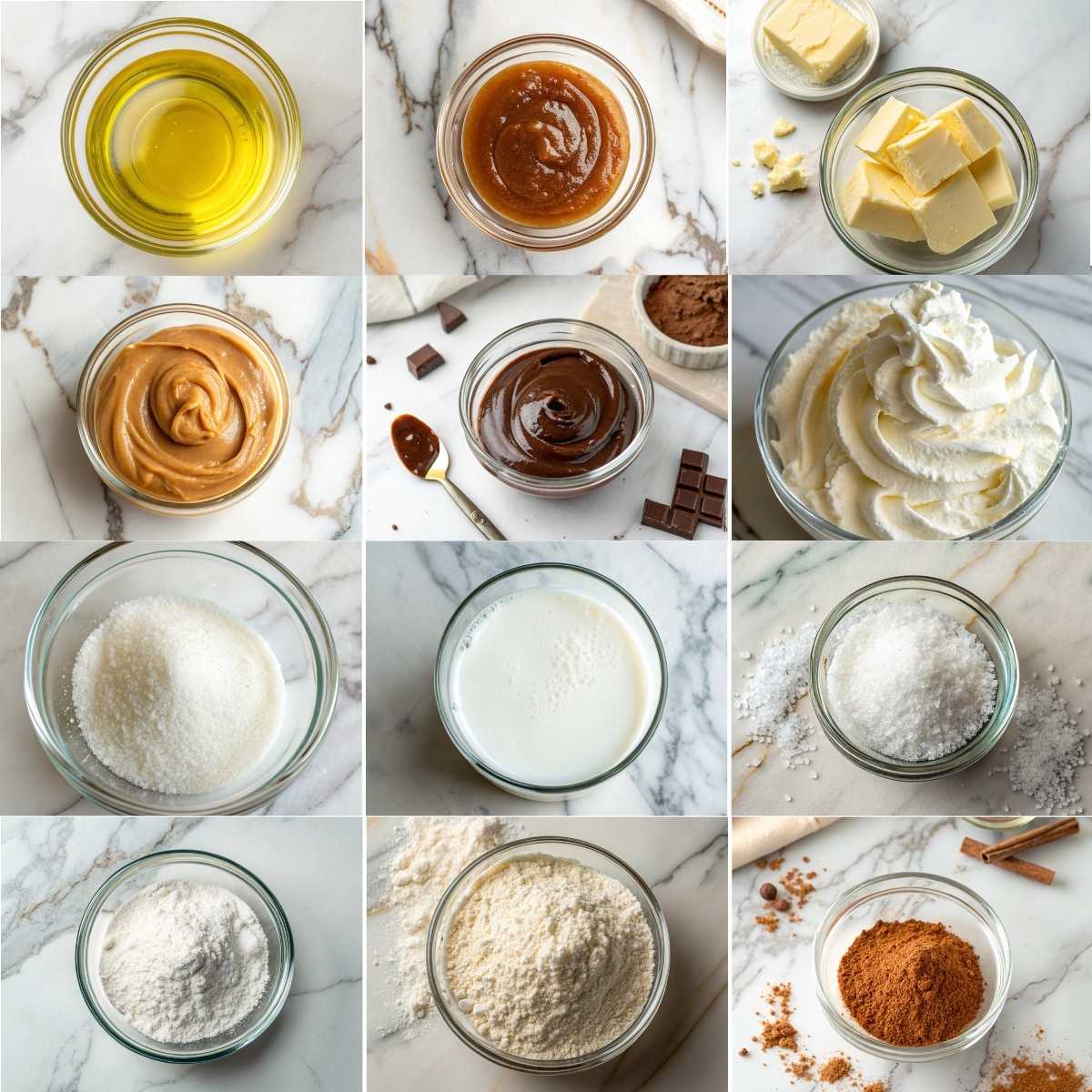 Easy Homemade Churros 10 Ingredients for Easy Homemade Churros including flour, sugar, egg, cinnamon, baking powder, milk, and oil on a marble surface.