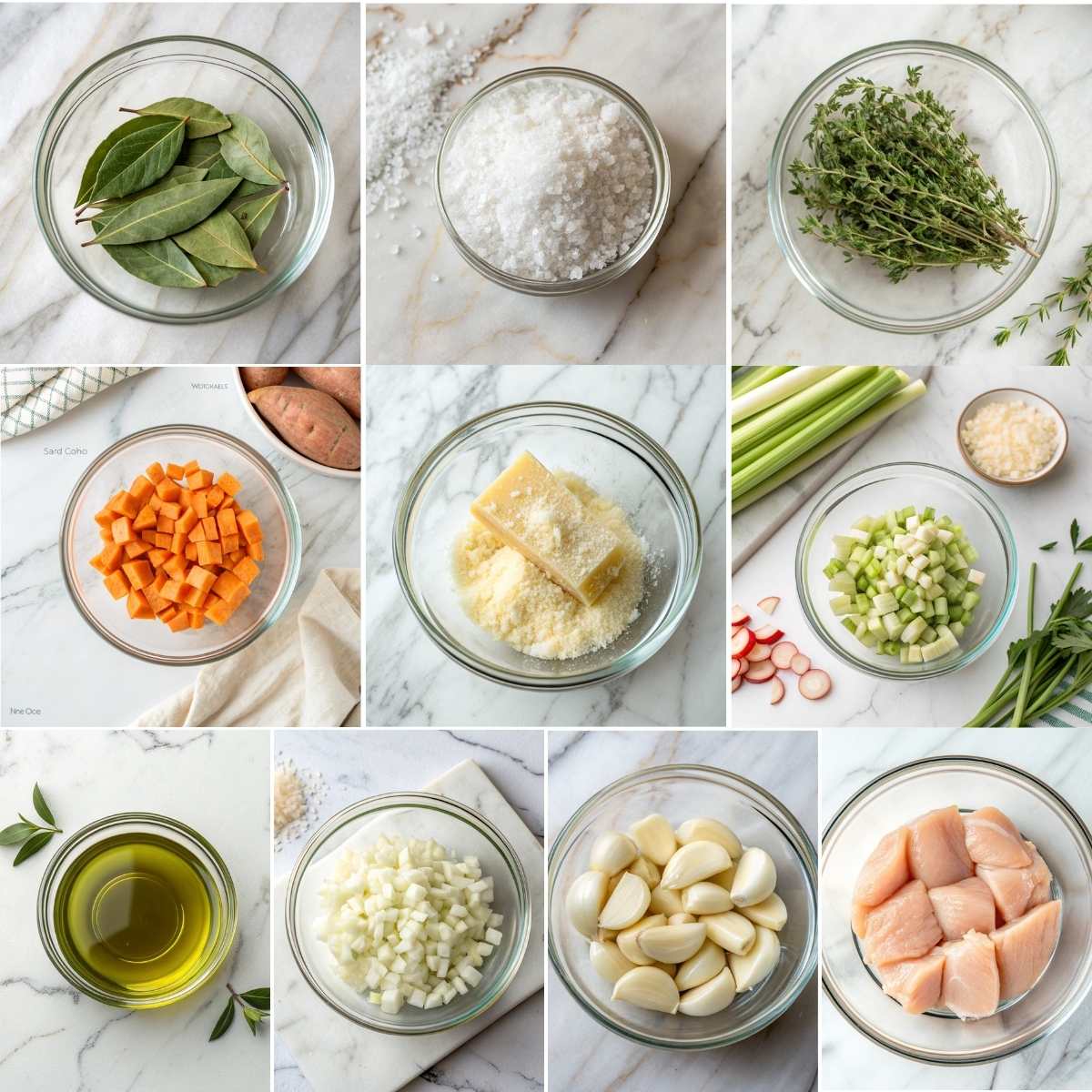 Easy Italian Penicillin Soup 10 Ingredients for Italian penicillin soup including broth vegetables herbs garlic olive oil parmesan rind shown in bowls hot.