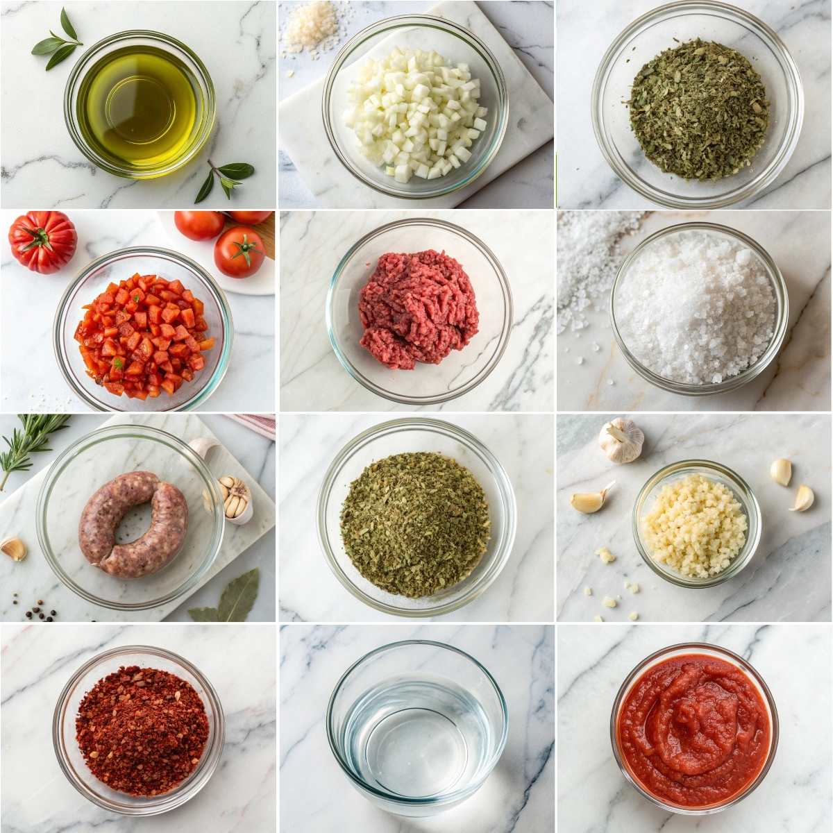 Easy Lasagna Soup 10 Ingredients for easy lasagna soup including ground beef, Italian sausage, tomatoes, herbs, garlic, onion, broth, olive oil.