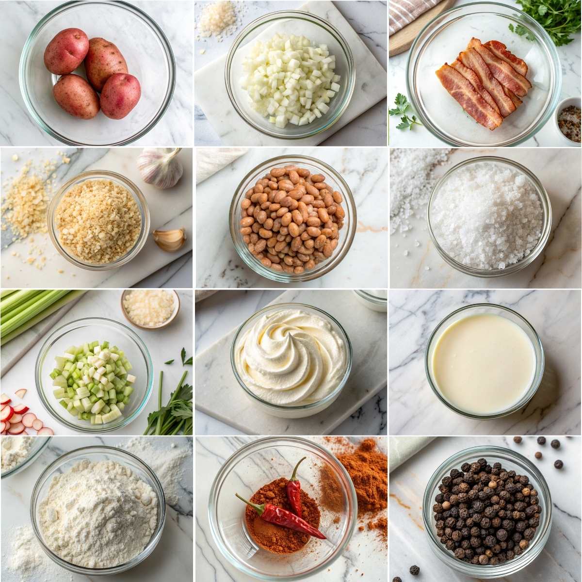 Easy Potato Soup 10 Ingredients for potato soup including russet potatoes bacon onion celery garlic milk cream broth flour and spices arranged!