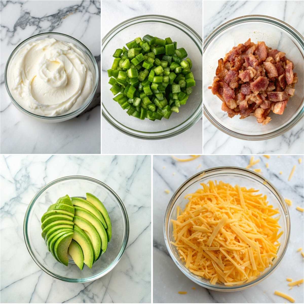 Easy Potato Soup 11 Potato soup toppings with shredded cheddar sour cream bacon chives avocado and extra cheese in bowls ready for serving now!