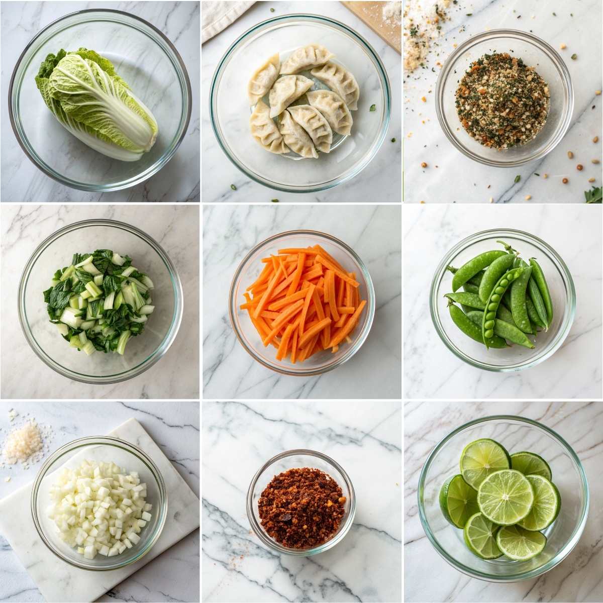 Easy Potsticker Soup 11 Potsticker soup ingredients with frozen dumplings bok choy cabbage carrots snap peas chili crisp green onions lime and herbs