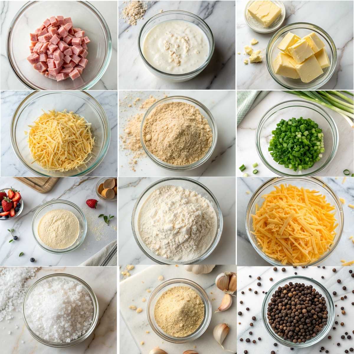 Easy Savory Ham and Cheese Cookies 10 Ingredients for easy savory ham and cheese cookies with flour butter cheddar diced ham buttermilk and chives fresh herbs up