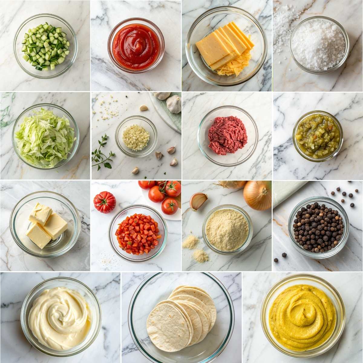 Easy Smashburger Quesadillas 10 Ingredients for smashburger quesadillas including ground beef tortillas American cheese pickles onions lettuce sauce recipe