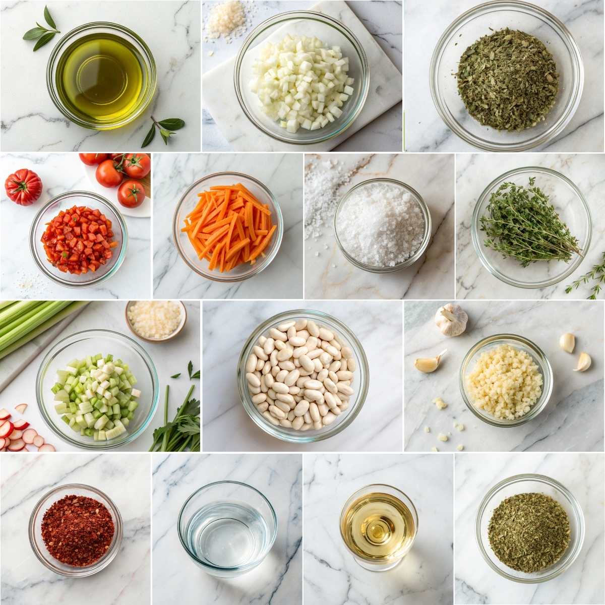 Easy Tuscan White Bean Soup 10 Tuscan white bean soup ingredients including olive oil onion carrots celery garlic cannellini beans tomatoes herbs broth ve