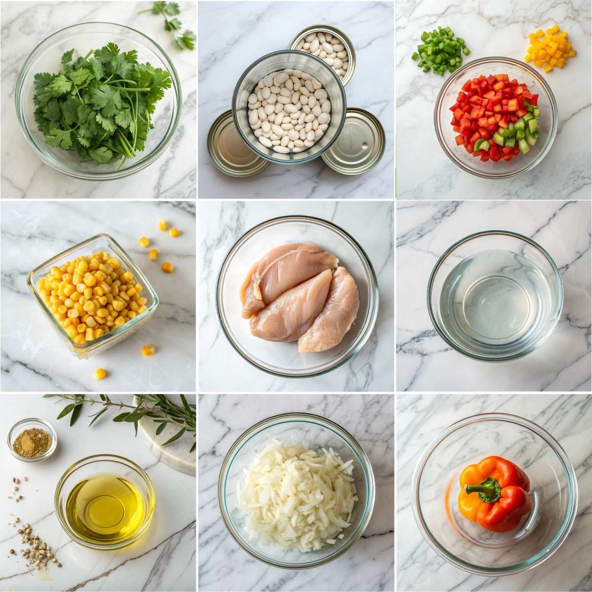 Easy White Chicken Chili 10 Ingredients for easy white chicken chili including beans, corn, chicken breasts, peppers, onions, cilantro, broth, oil, and spices in bowls