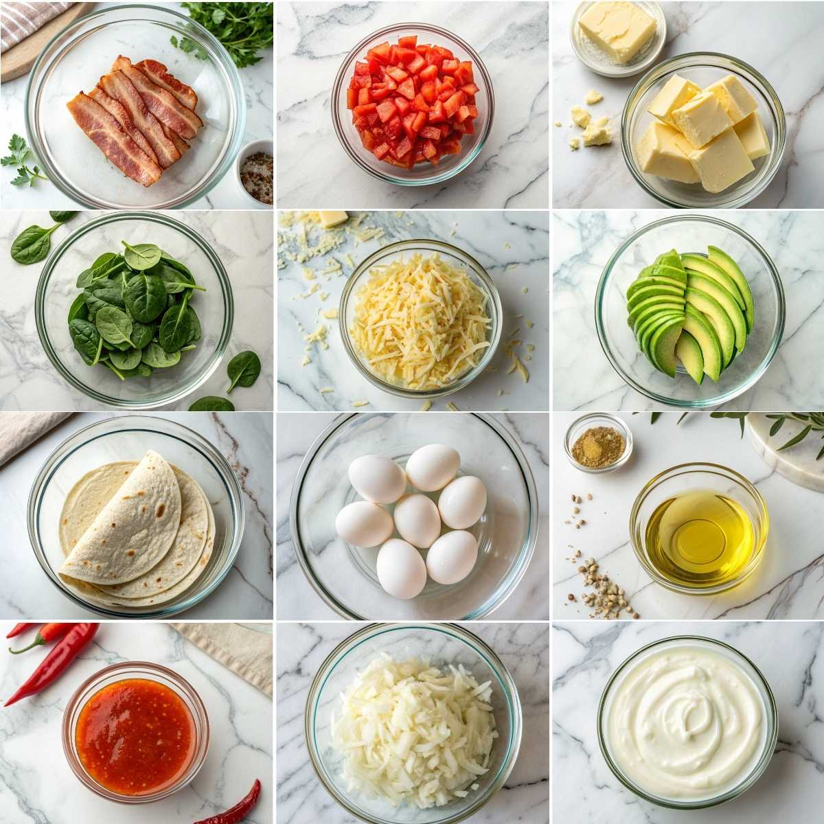 Easy Wrap with Egg and Cheese 10 Ingredients for easy wrap with egg and cheese tortilla eggs shredded cheese spinach bacon avocado and sour cream topping s