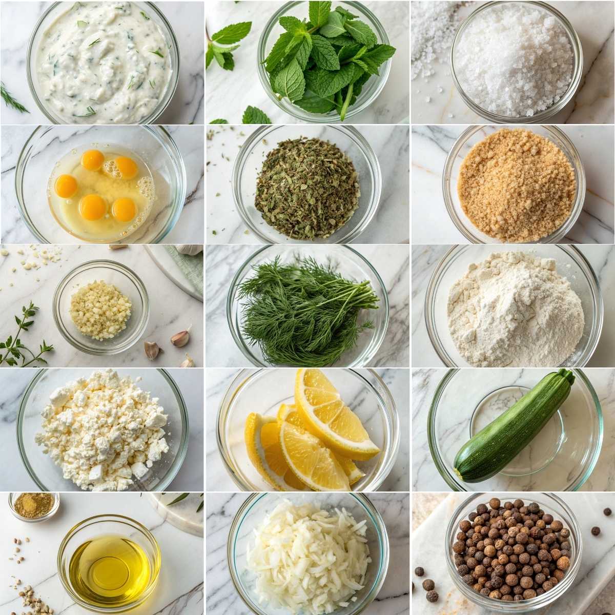 Easy Zucchini and Feta Balls 10 Fresh zucchini, feta, herbs, eggs, breadcrumbs, garlic, onion, and spices arranged in bowls as ingredients for easy zucchini and feta balls.