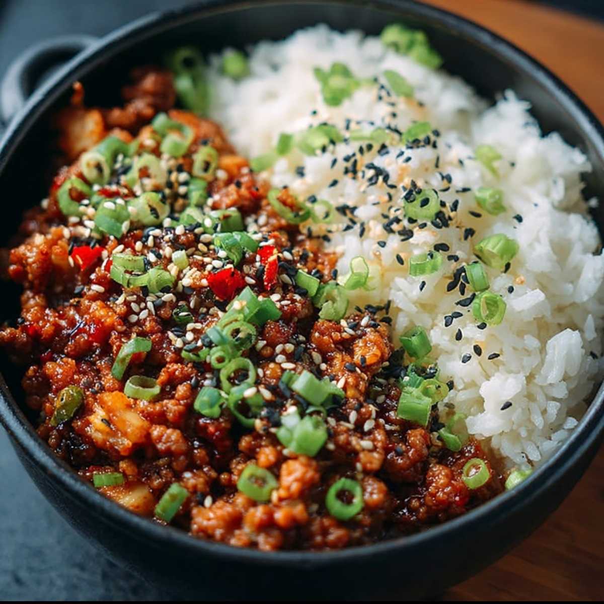 Easy Firecracker Ground Chicken 9 Firecracker ground chicken rice bowl topped with green onions and sesame seeds, showing sweet spicy sauce and fluffy white rice.